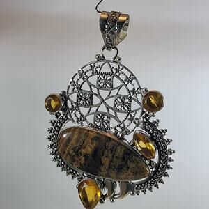 Silver Pendant with Jasper & Golden Citrine – Handmade Earth‑Tone Jewelry